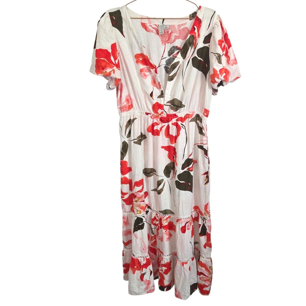 Joie Womens Red Floral Linen Blend Tiered Midi Dress Puff Sleeve Pockets Large